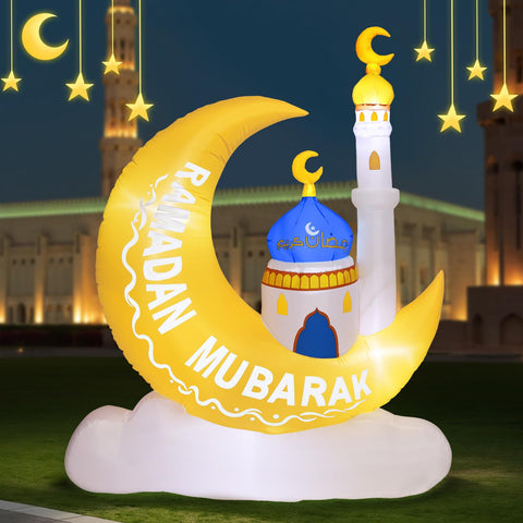 Lewondr Ramadan Mubarak inflatable moon-castle enhances yard ambiance.