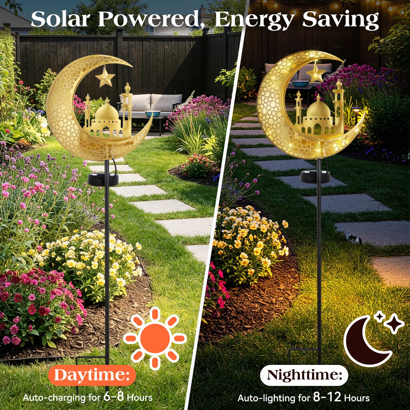 Lewondr solar garden stake LED Ramadan light enhances garden pathways.