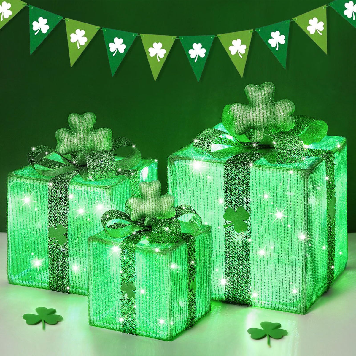 Lewondr St Patrick's Day large lighted gift box with 3D shamrock for festive table décor.