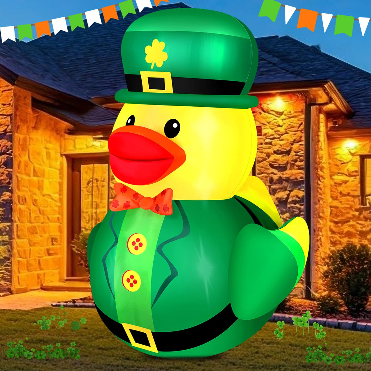 Leyndo 5ft St. Patrick's Day inflatable duck outdoors with leprechaun hat, ideal for garden display.
