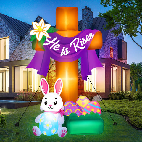 Leyndo Easter cross inflatable, front view with LED lights for nighttime yard display