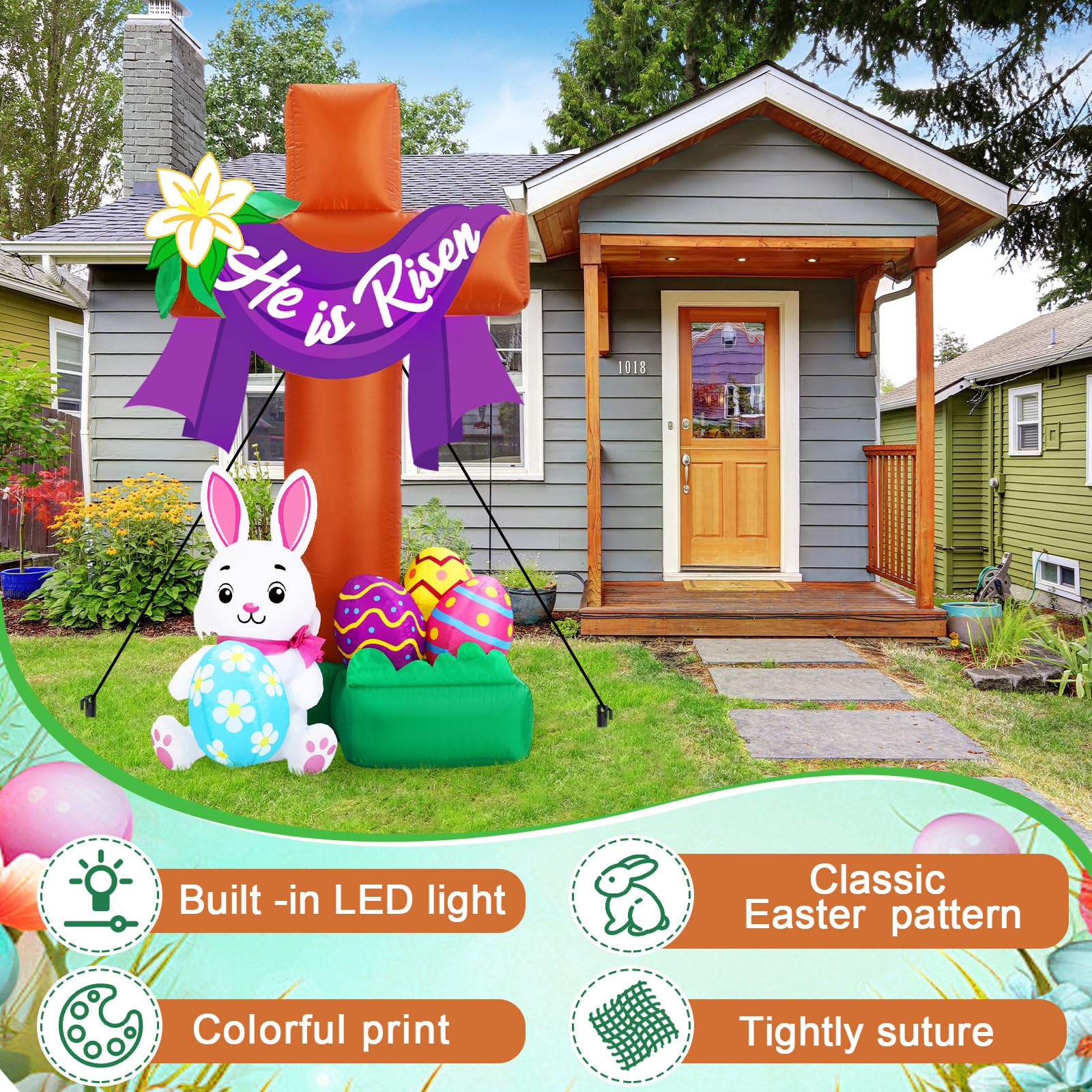 Leyndo Easter cross inflatable with lilies and eggs for garden decor