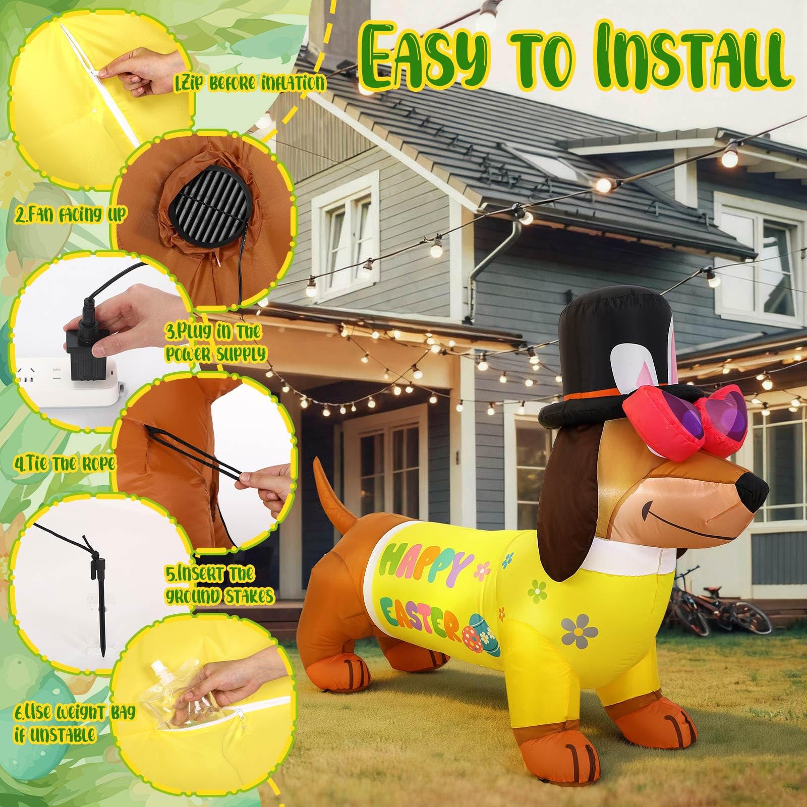 Leyndo Easter Dachshund inflatable comes with ground nails for secure placement.