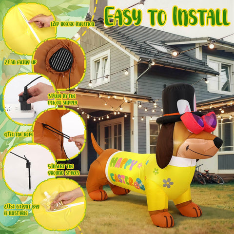 Leyndo Easter Dachshund inflatable comes with ground nails for secure placement.