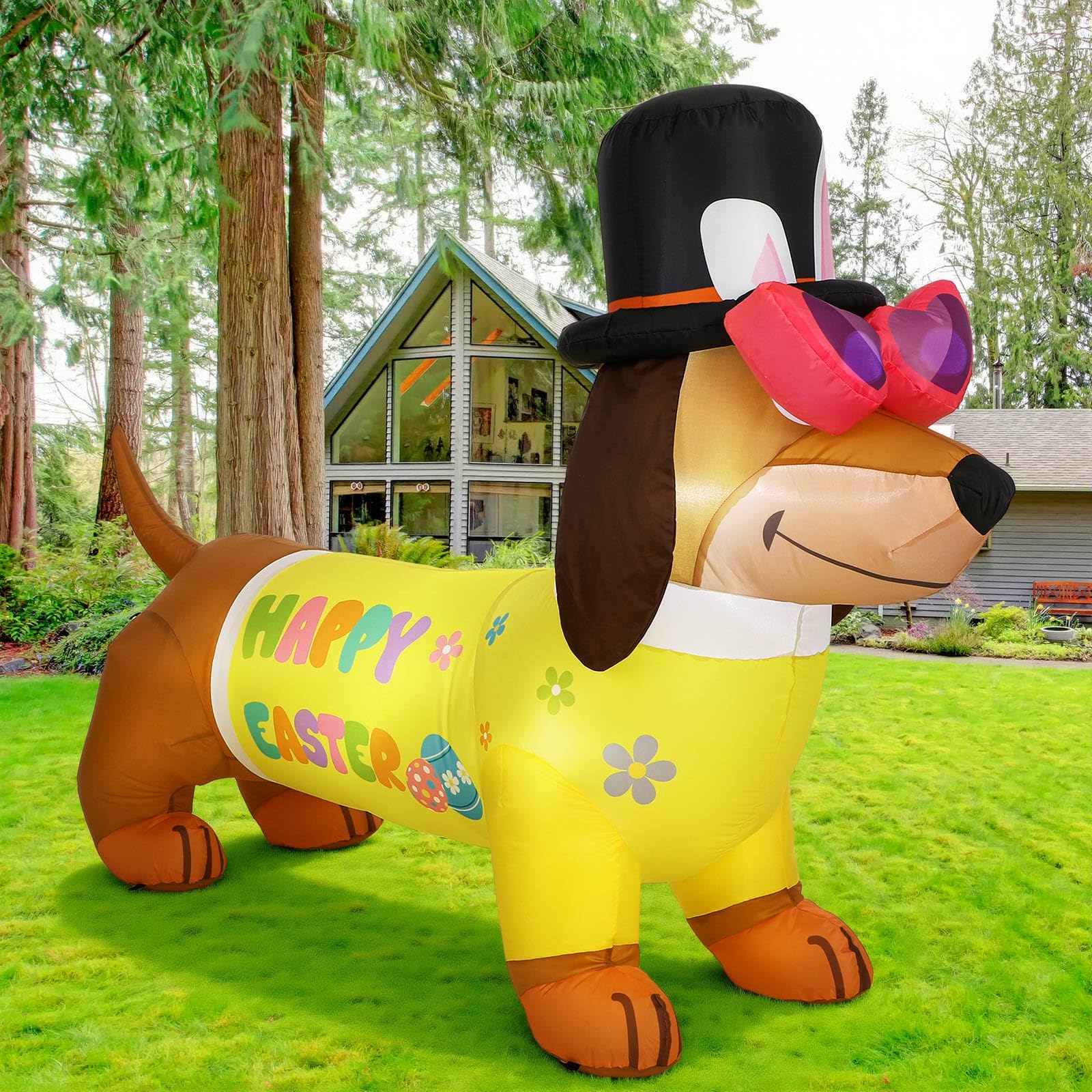 Leyndo Easter Dachshund inflatable wears harvest clothes for seasonal charm.
