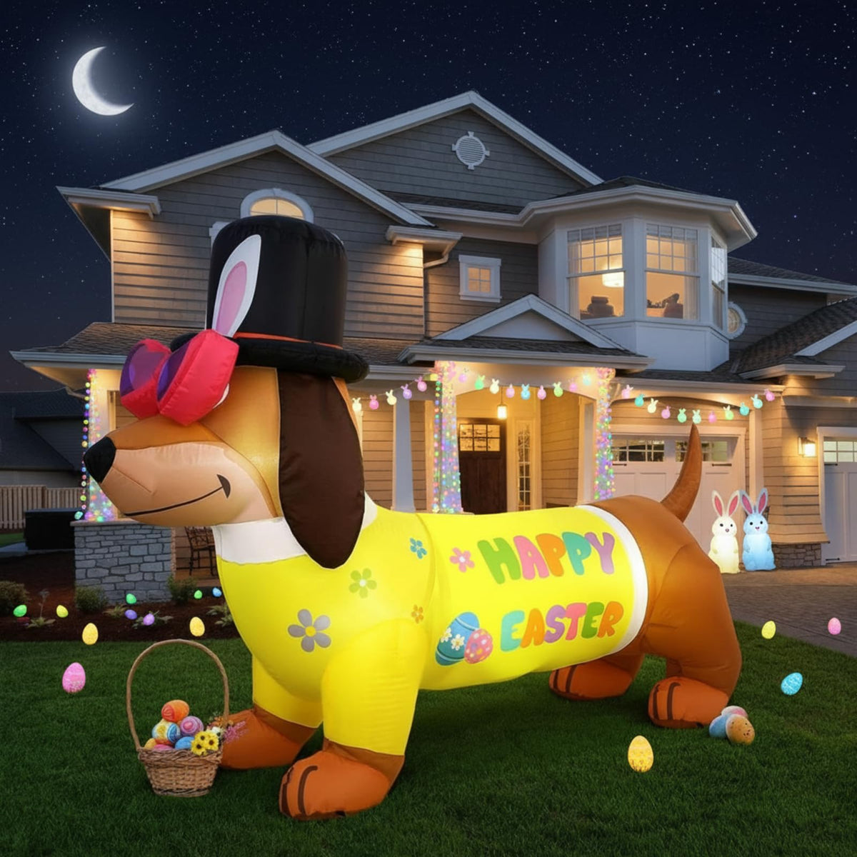 Leyndo Easter Dachshund inflatable with LED glow for bright yard visibility at night.