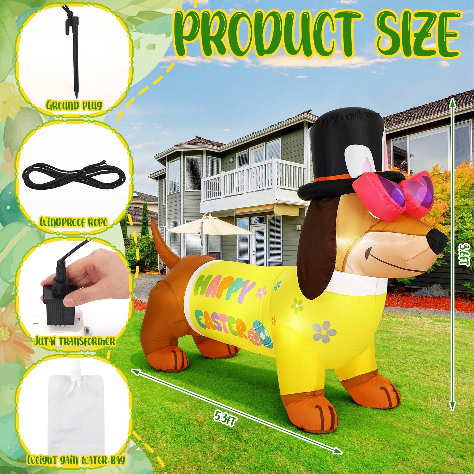 Leyndo Easter Dachshund inflatable includes windproof ropes for stable outdoor setup.