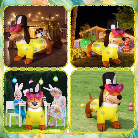 Leyndo Easter Dachshund inflatable yard decoration with bright lighting at night.