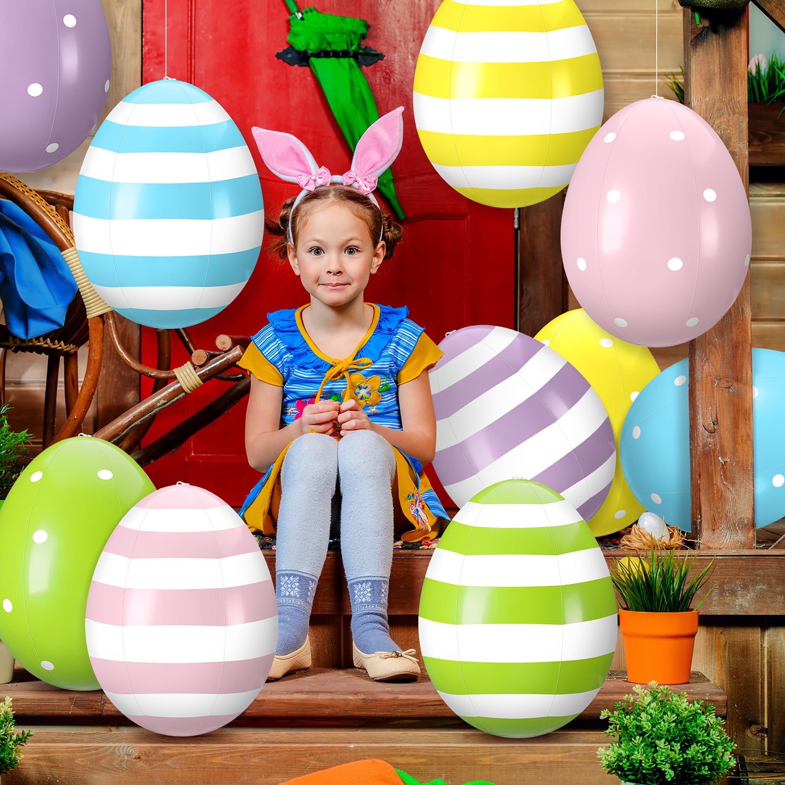 Leyndo 16-inch striped Easter egg inflates for outdoor hunts and displays.