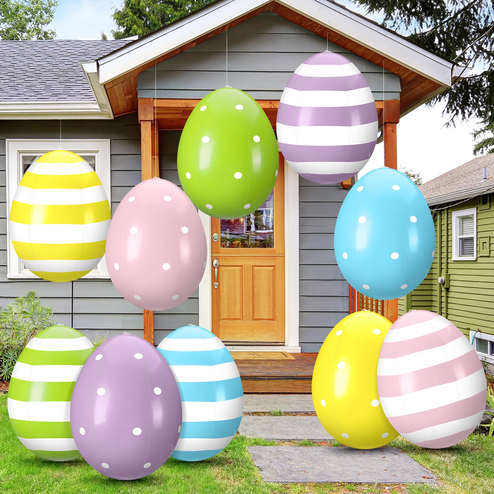 Leyndo 16-inch striped Easter egg inflates for vibrant yard decor.