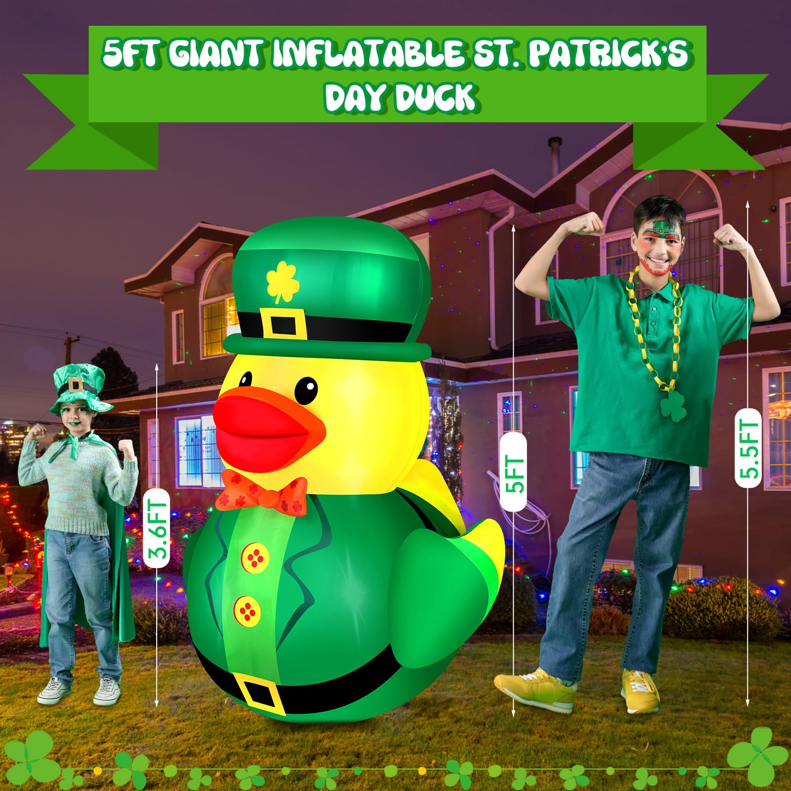 Leyndo giant inflatable duck wearing leprechaun costume brightens porches and entryways.