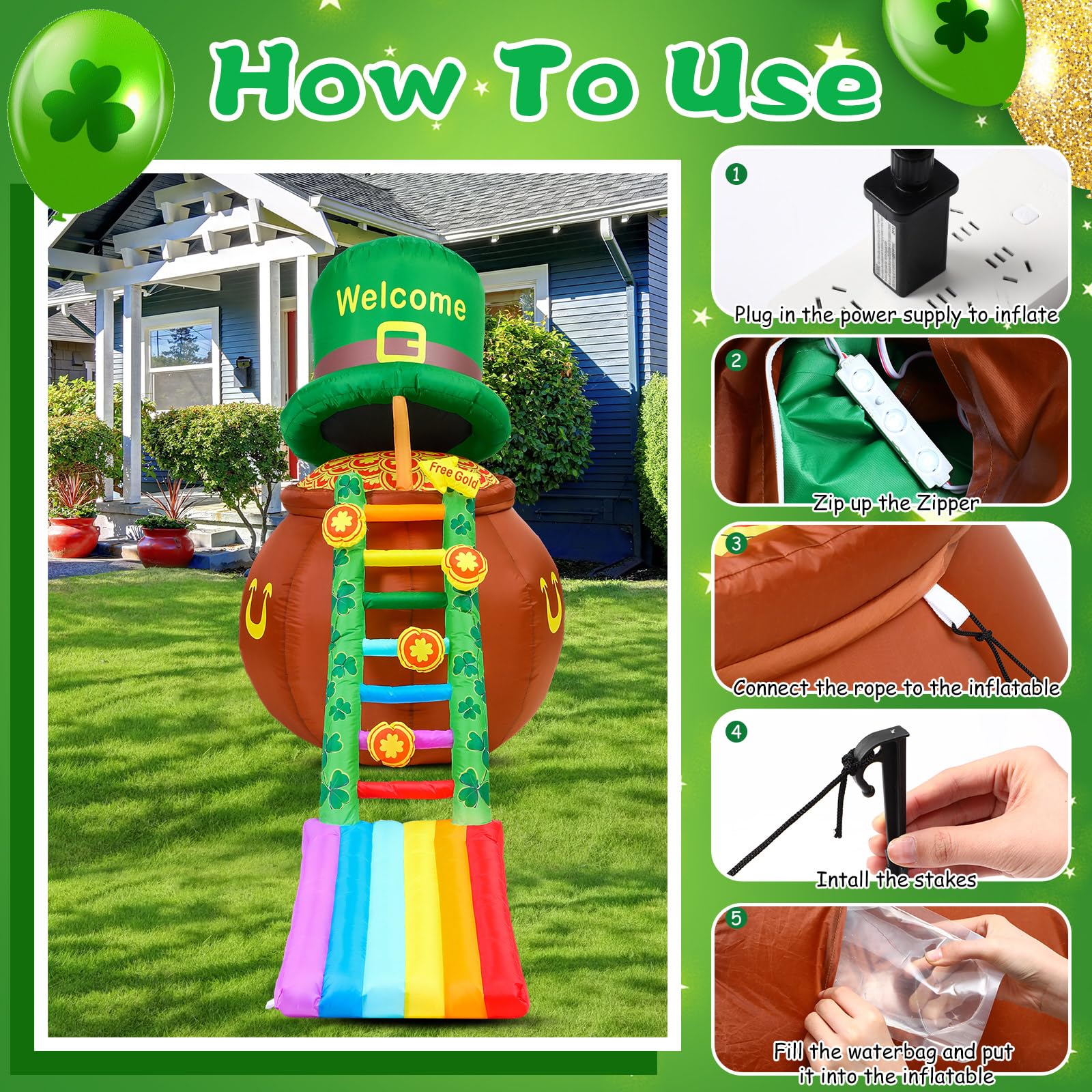 Leyndo green clover ladder with LED lights enhances curb appeal.