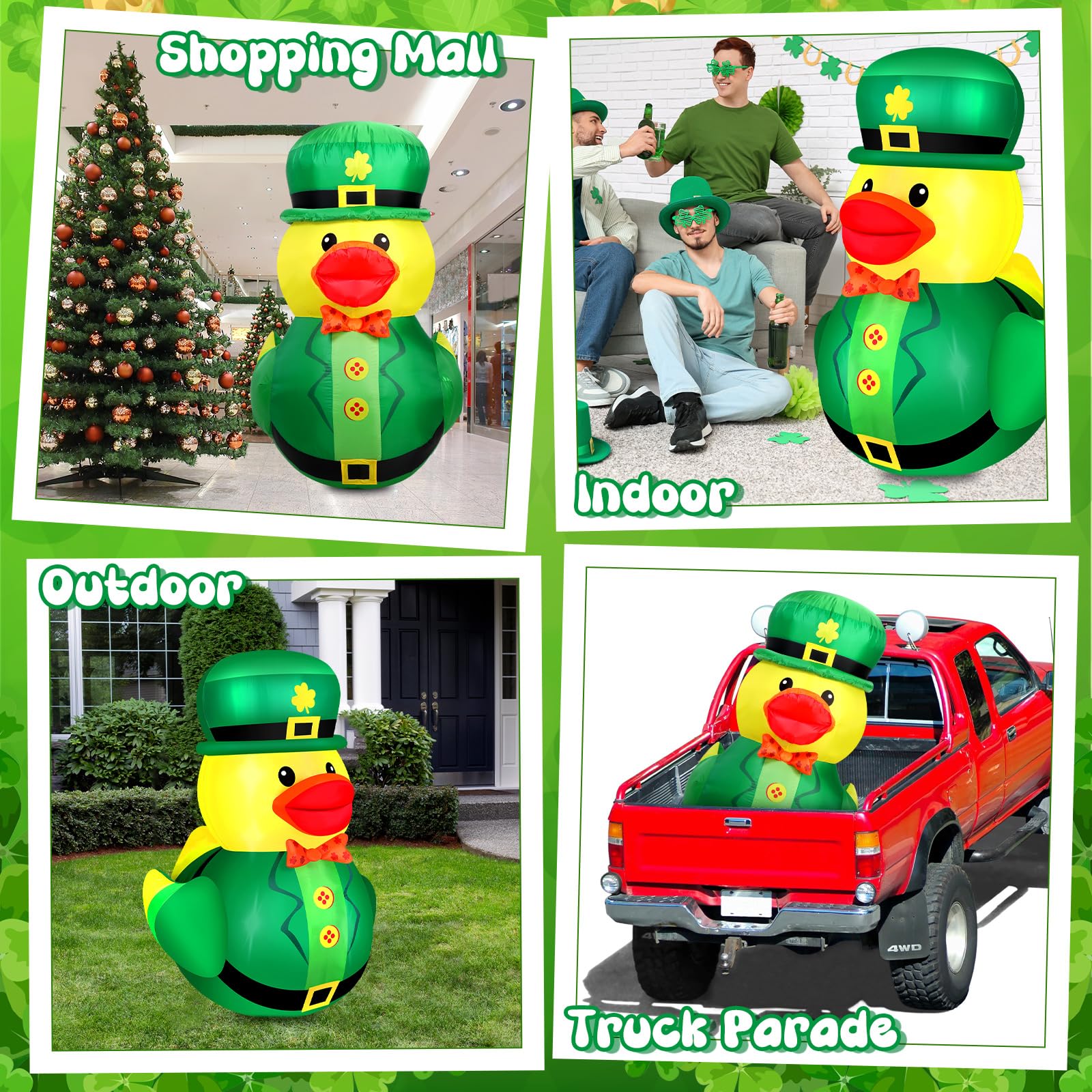 Leyndo inflatable duck with clover hat features LED lighting for day or night ambiance.