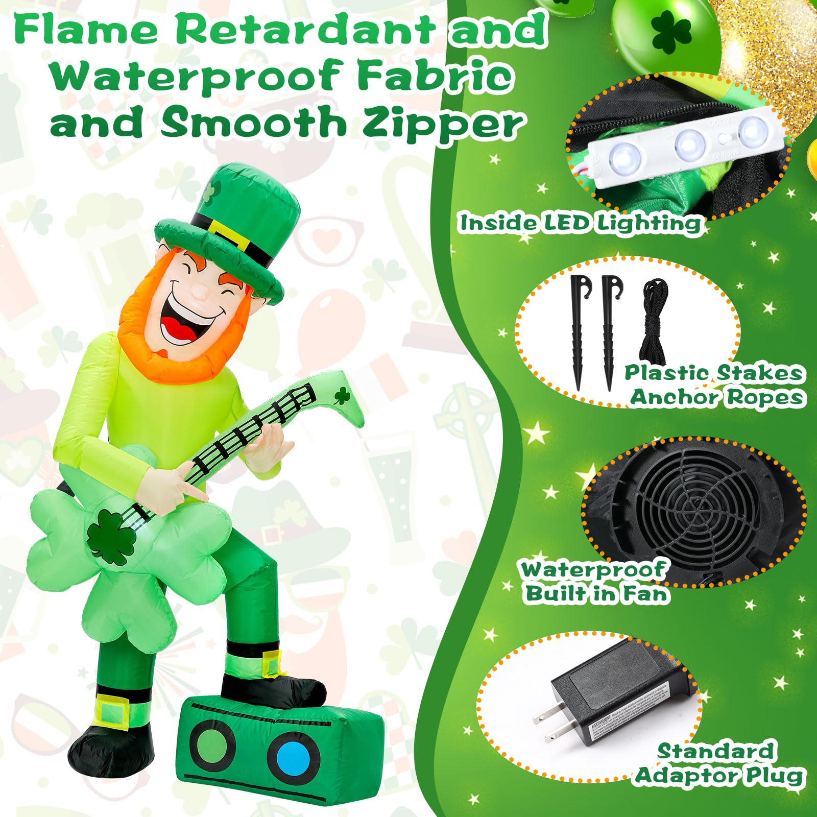 Leyndo Leprechaun inflatable with blower included for quick setup.