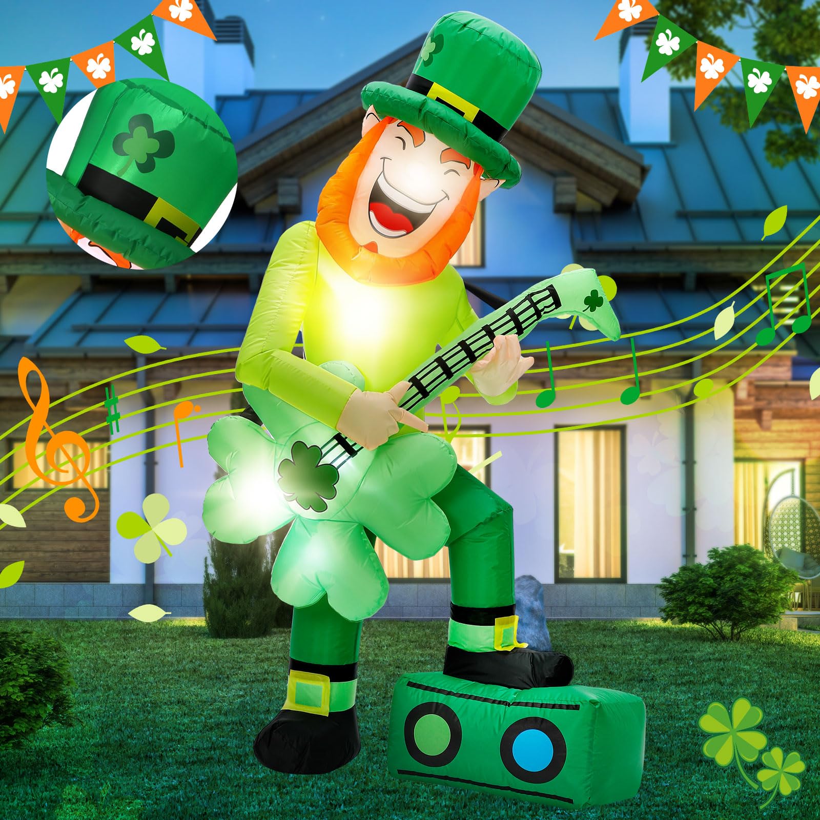 Leyndo Leprechaun inflatable suitable for indoor and outdoor use on lawns or patios.
