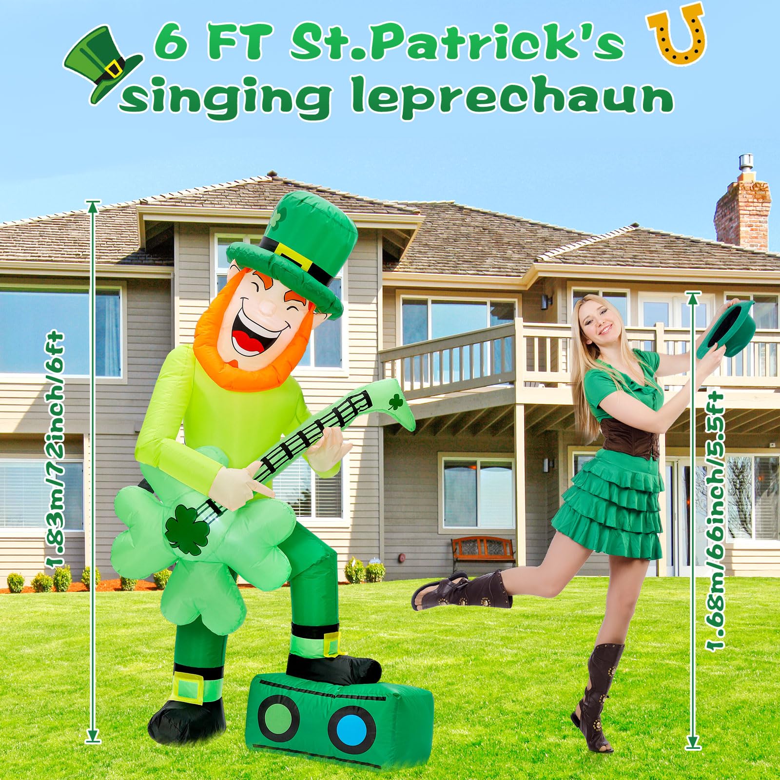 Leyndo Leprechaun inflatable with LED lights for bright nighttime display.