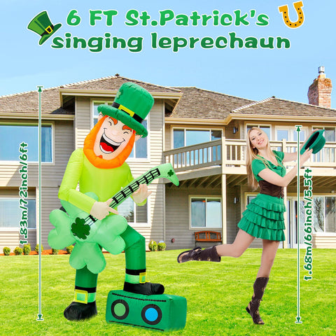 Leyndo Leprechaun inflatable with LED lights for bright nighttime display.