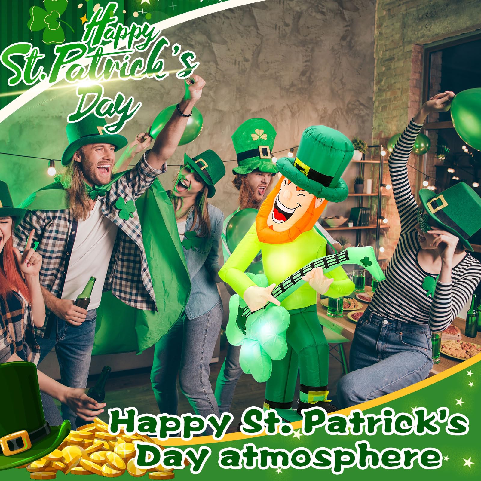 Leyndo Leprechaun inflatable creates a captivating evening display with LED lighting.