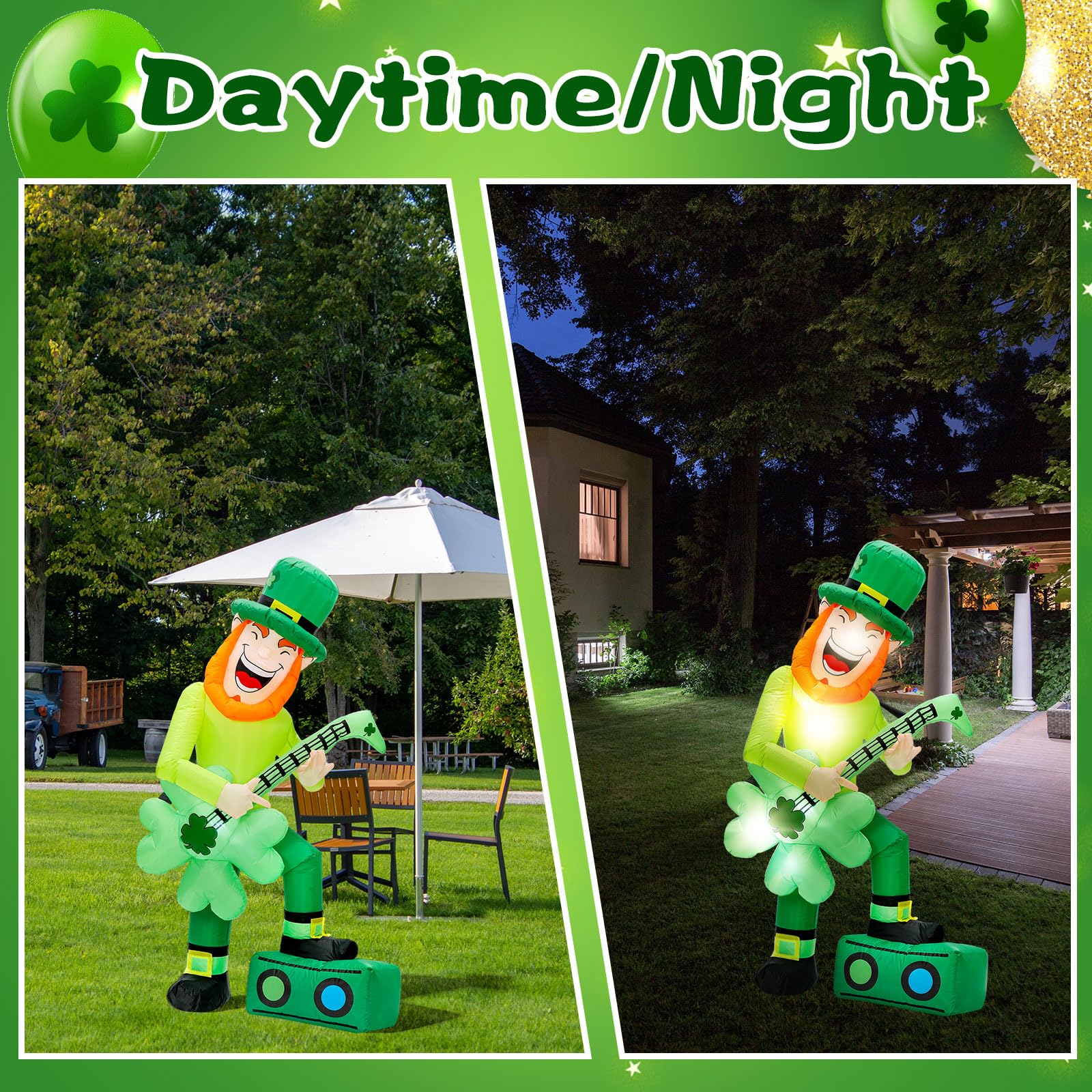 Leyndo Leprechaun inflatable packaging shows all included parts for easy setup.