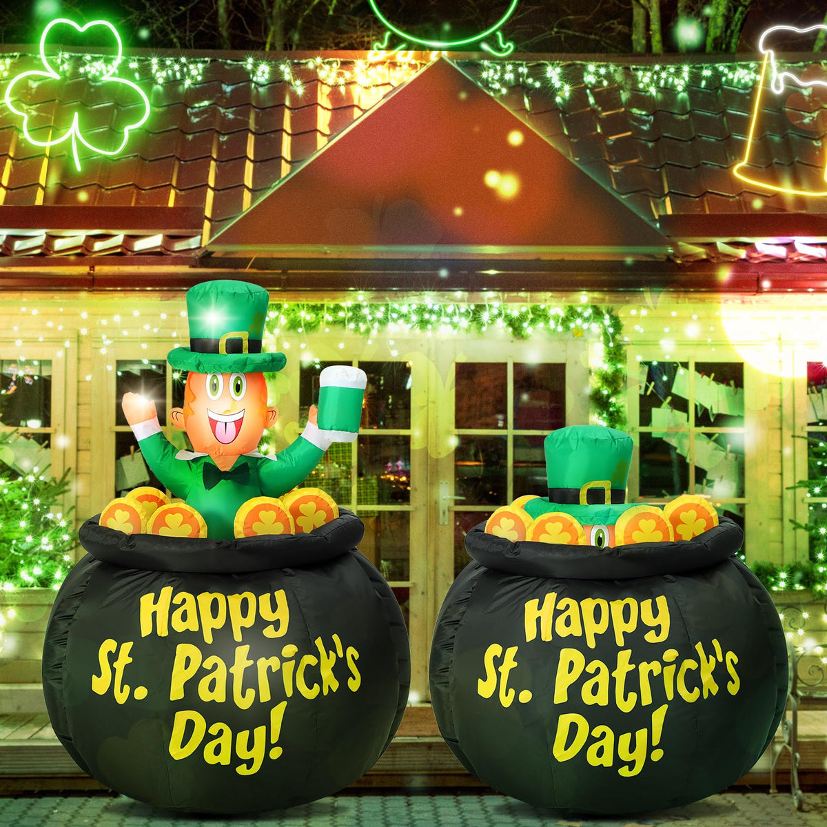 Leyndo Leprechaun inflatable rises from pot of gold to greet guests outdoors.