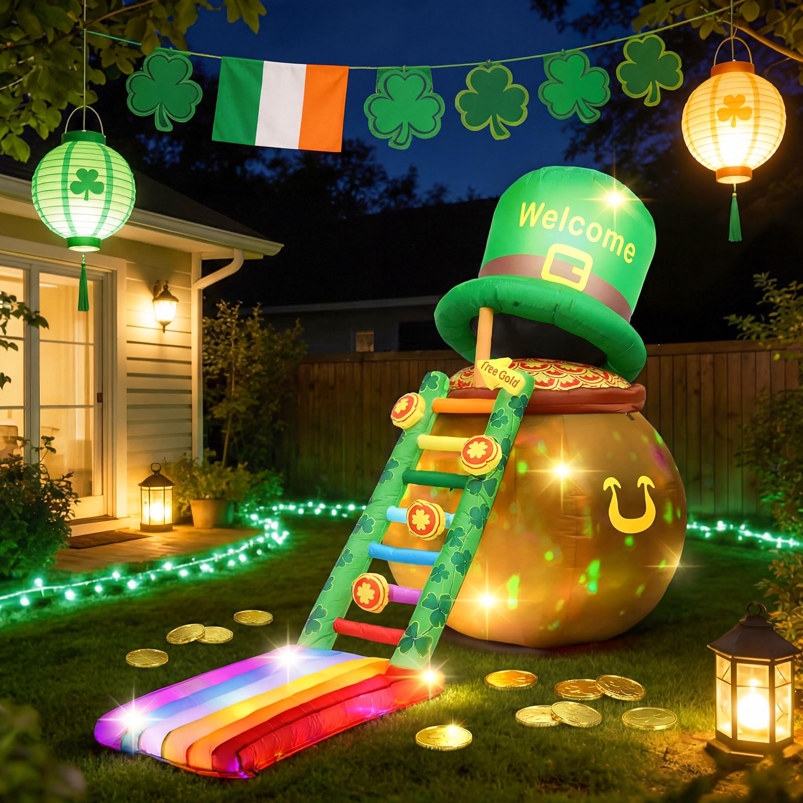 Leyndo leprechaun trap inflatable, outdoor-ready for St. Patrick's Day.