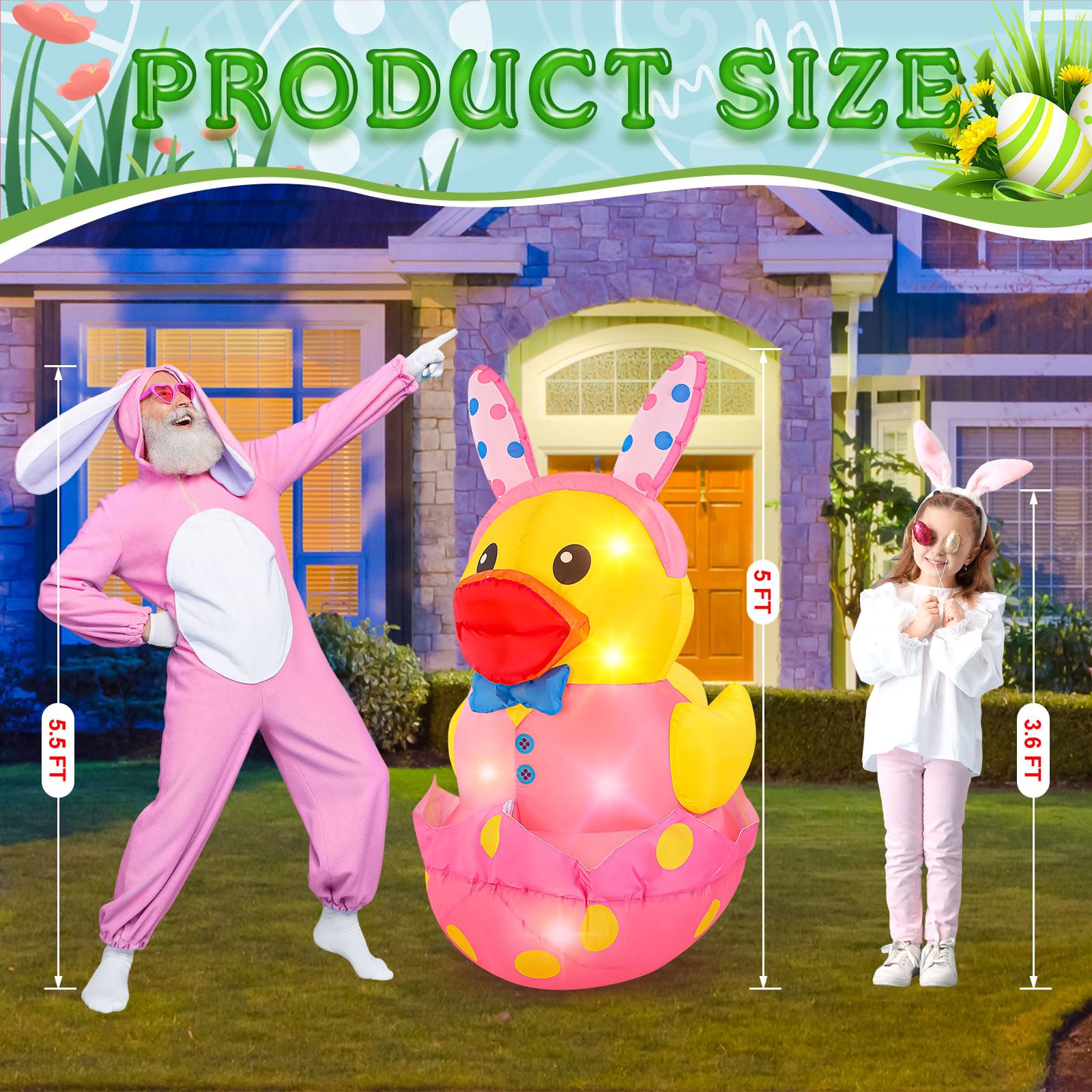 Leyndo inflatable duck secured with ground stakes and ropes for stable outdoor setup.