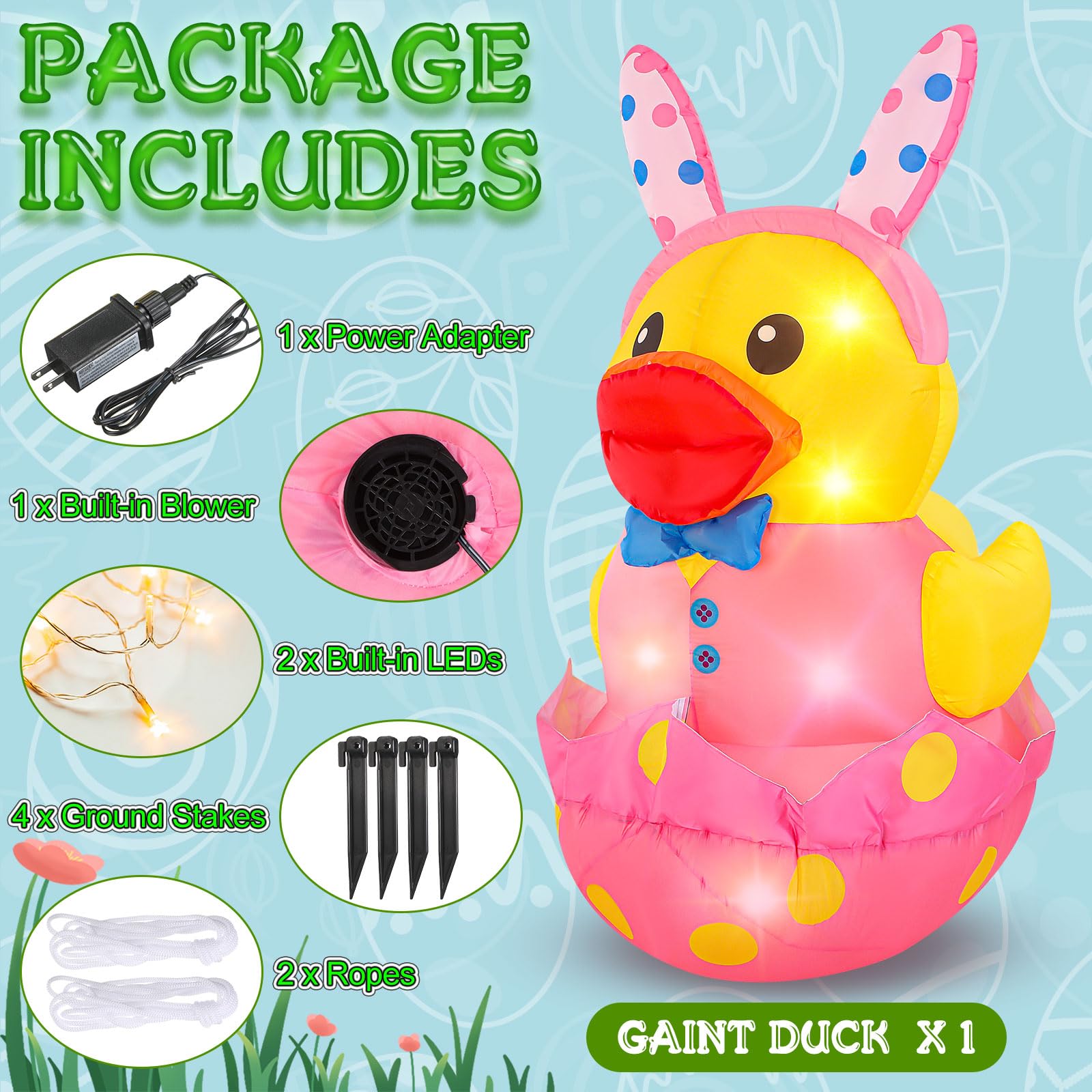 Leyndo Easter inflatable duck decorating patios and lawns for events.