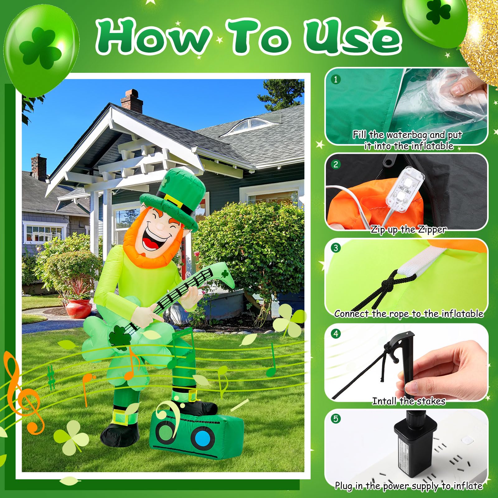 Leyndo Leprechaun inflatable with stakes and tethers for stable outdoor display.
