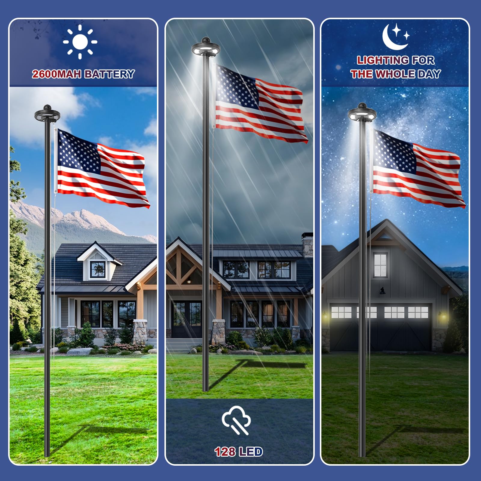 Lezbanz 128 LED solar light boosts nighttime flag visibility.