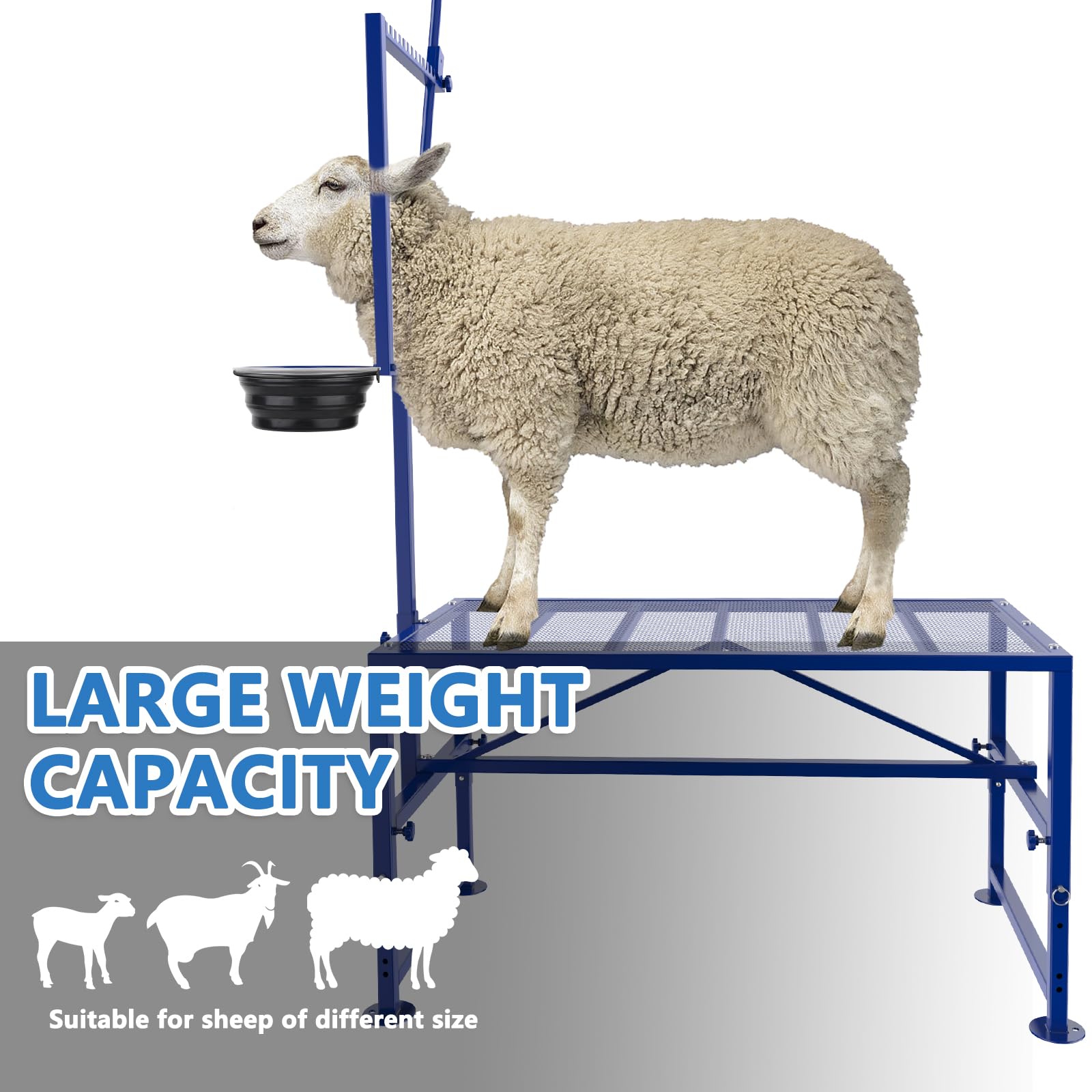 Close-up of Lezbanz goat stand feed bin in action during care tasks