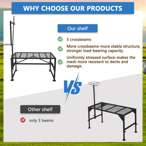 Lezbanz goat trimming stand with metal frame – secure grooming setup for hoof care.