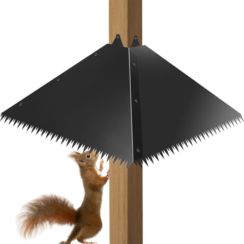 Lezcufer metal squirrel baffle on a 4x4 post protects bird feeders from squirrels.