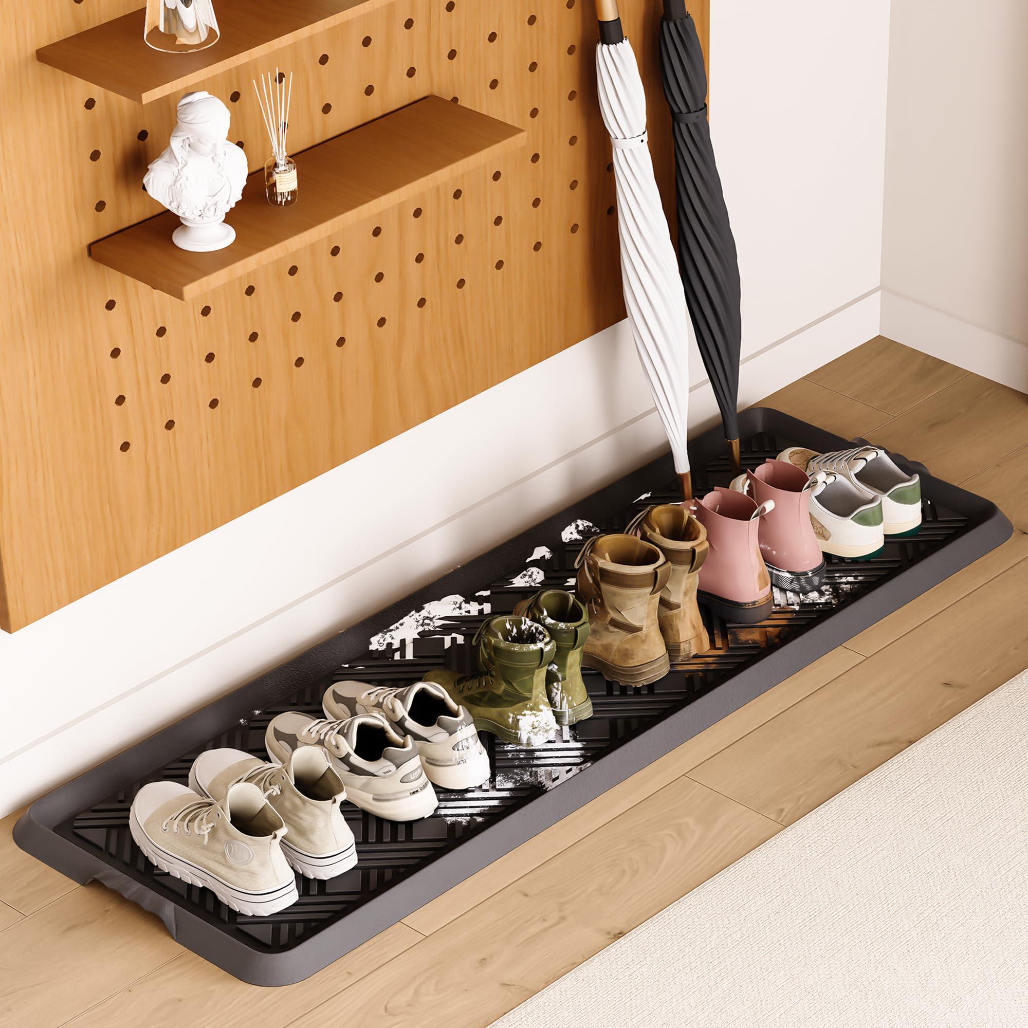 LFCONNECT rubber boot tray in entryway traps dirt and water to protect floors.