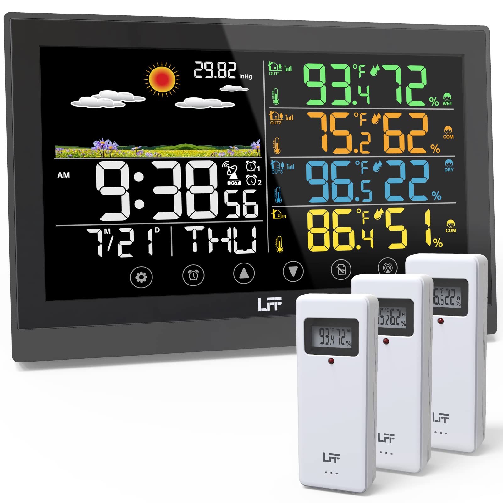 LFF Weather Station front display showing time and forecast.