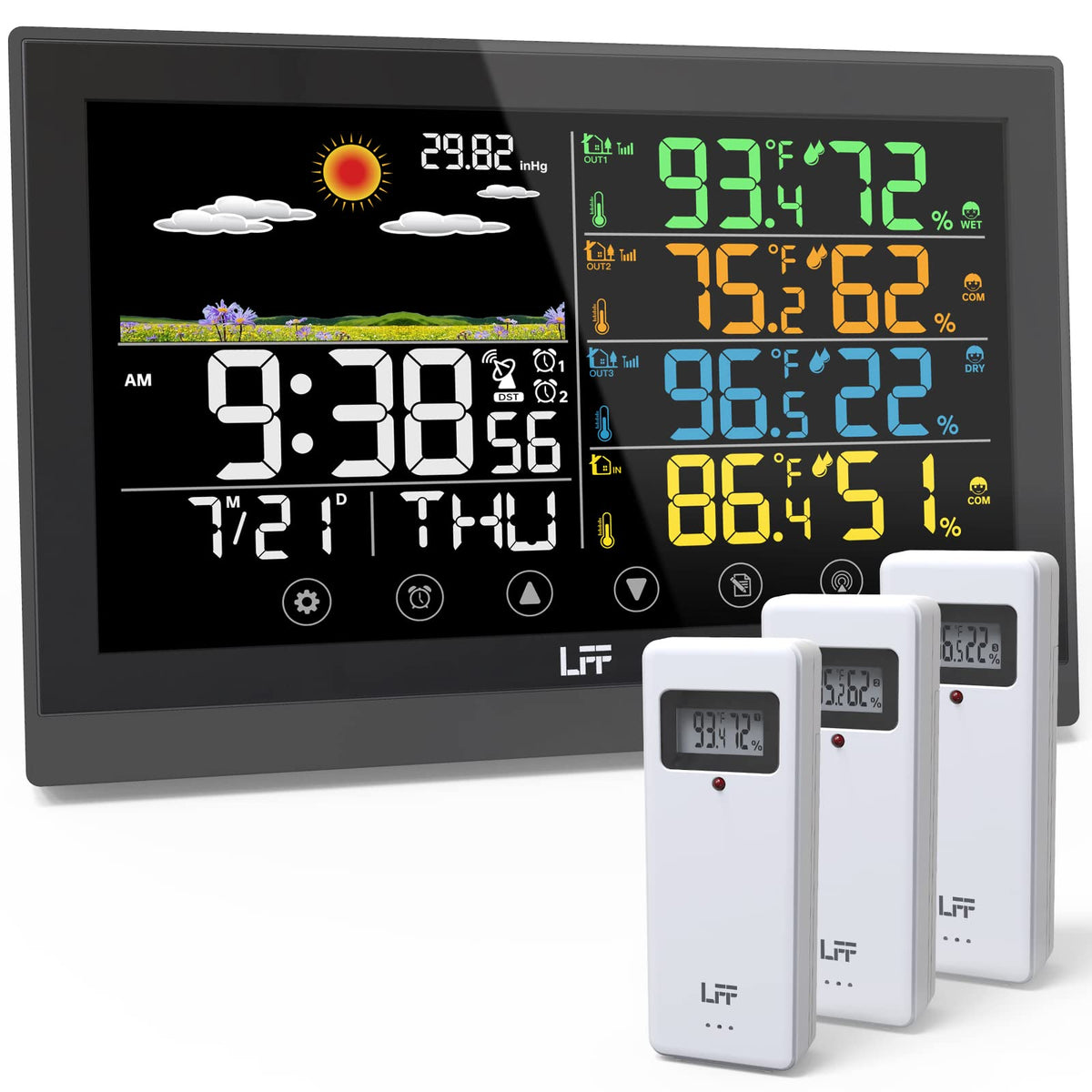 LFF Weather Station front display showing time and forecast.