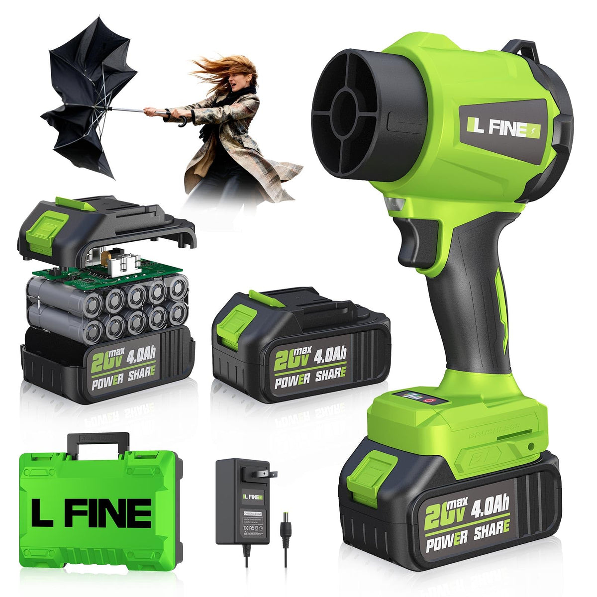 L FINE leaf blower with dual battery pack for extended runtime