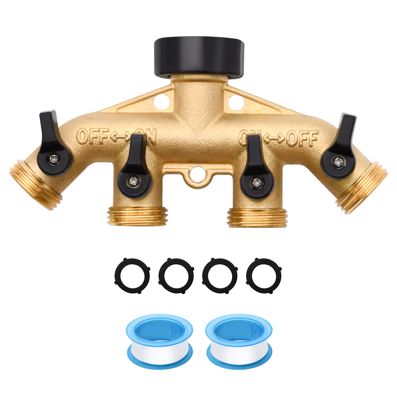 LFSEMINI 4-way brass hose splitter in assembly enabling multi-area watering tasks