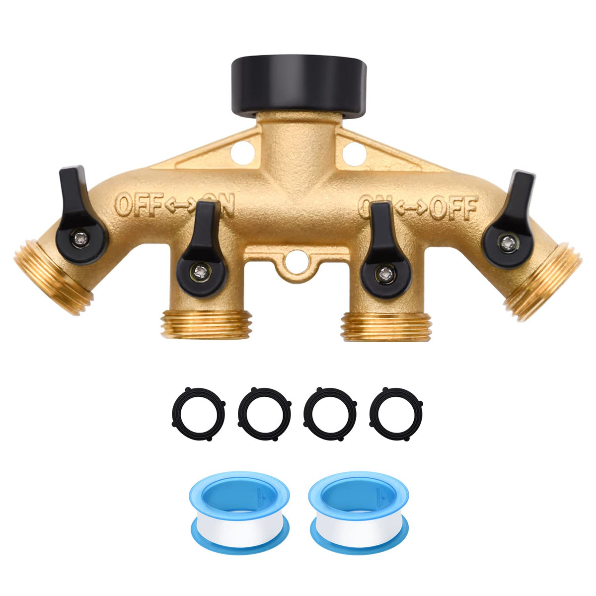 LFSEMINI 4-way brass hose splitter in assembly enabling multi-area watering tasks