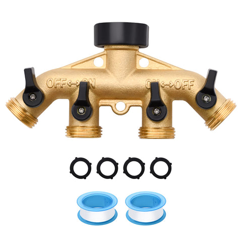 LFSEMINI 4-way brass hose splitter in assembly enabling multi-area watering tasks