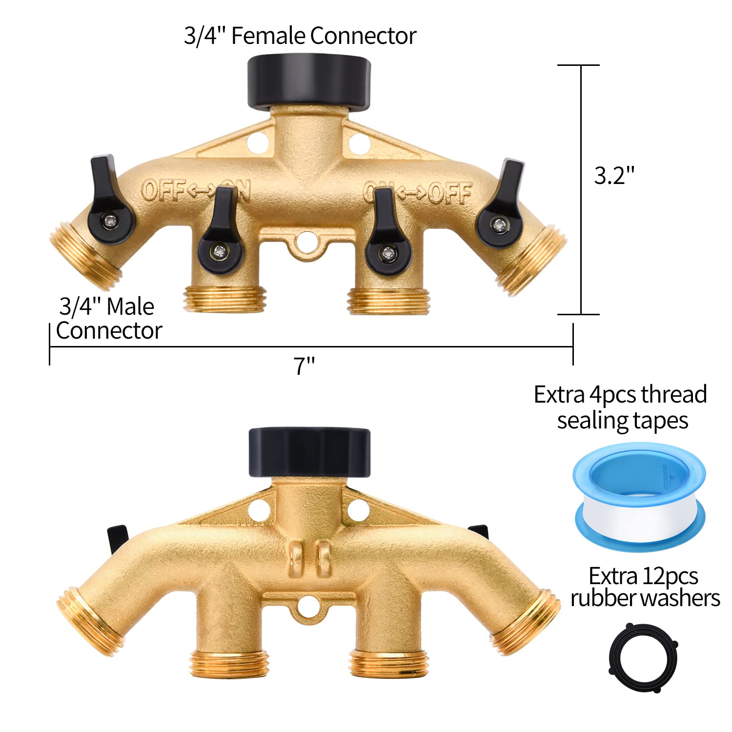 LFSEMINI brass hose splitter with washers and tapes for a secure seal.