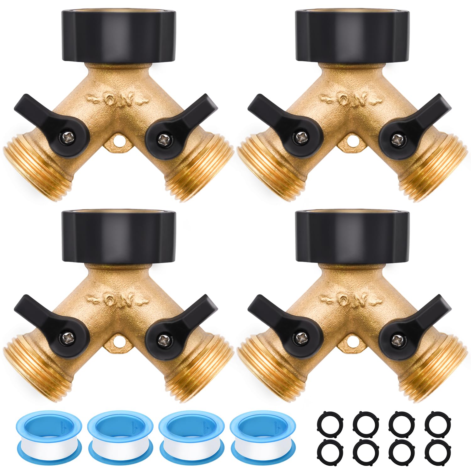 LFSEMINI four-pack brass hose splitter ready for outdoor watering.