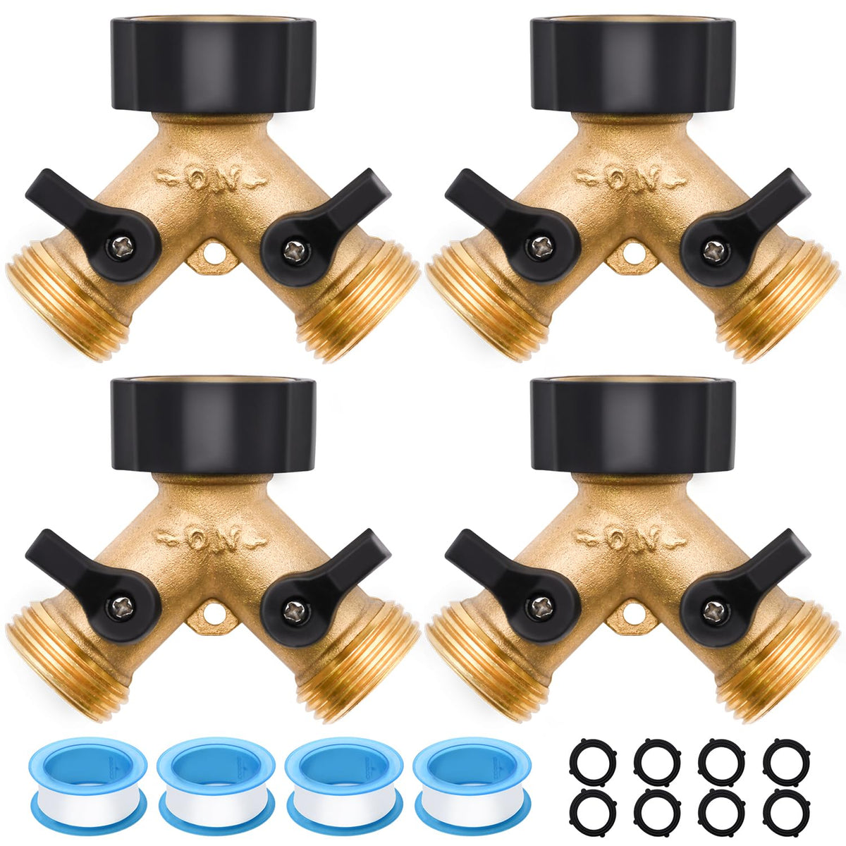 LFSEMINI four-pack brass hose splitter ready for outdoor watering.