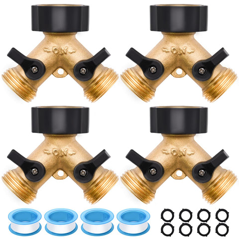 LFSEMINI four-pack brass hose splitter ready for outdoor watering.