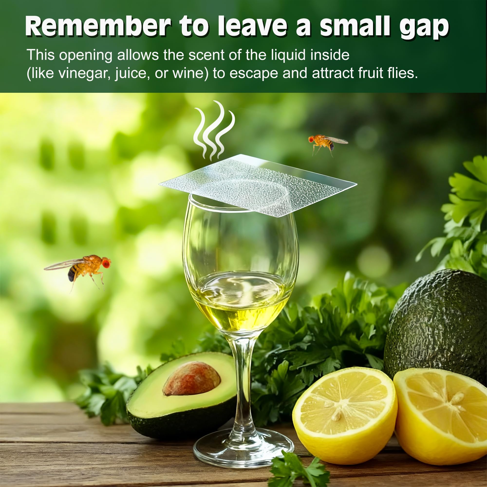 Cup-top trap card being placed over a cup of vinegar to attract fruit flies.