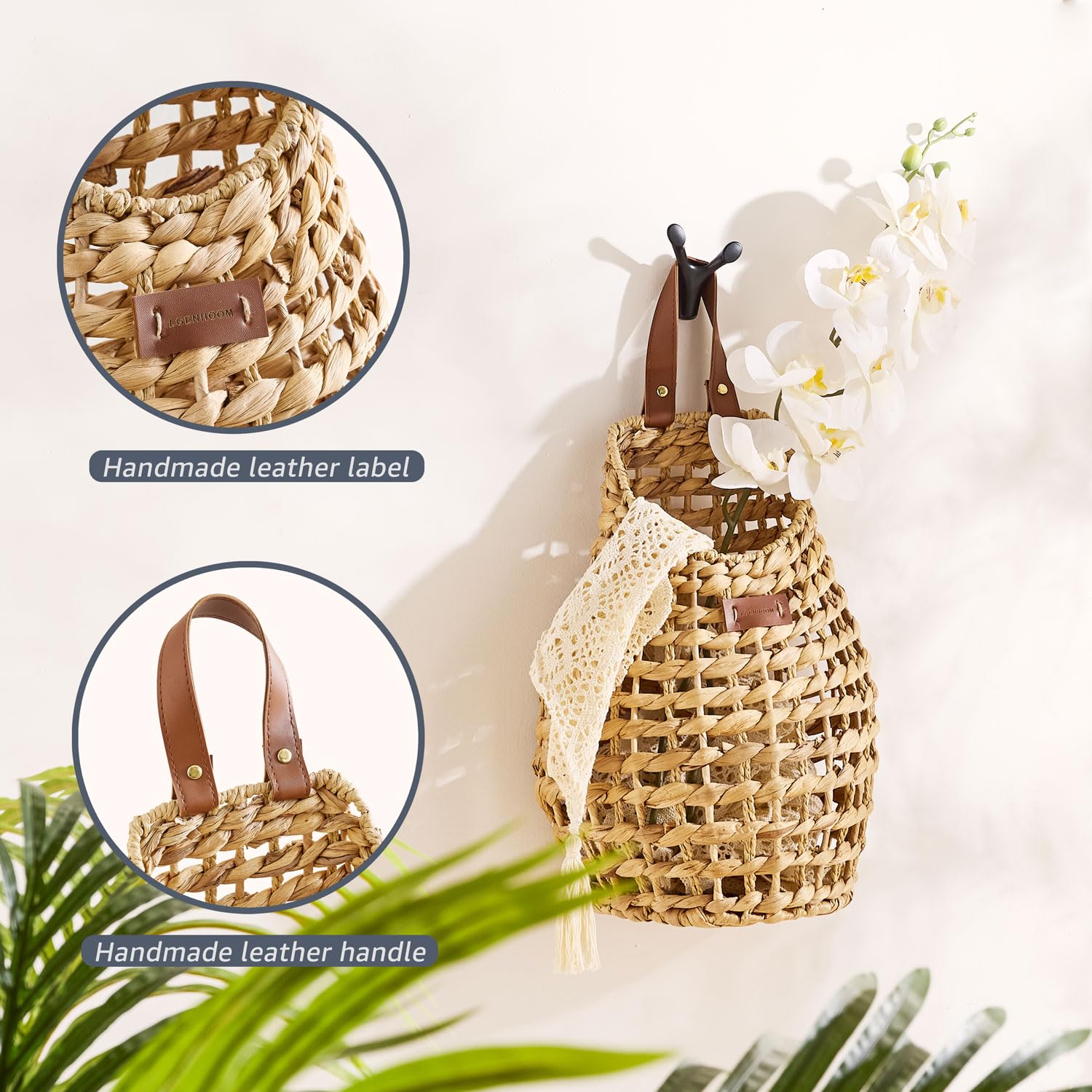 LGENHOOM durable iron frame basket adds sturdiness while maintaining a natural woven exterior.