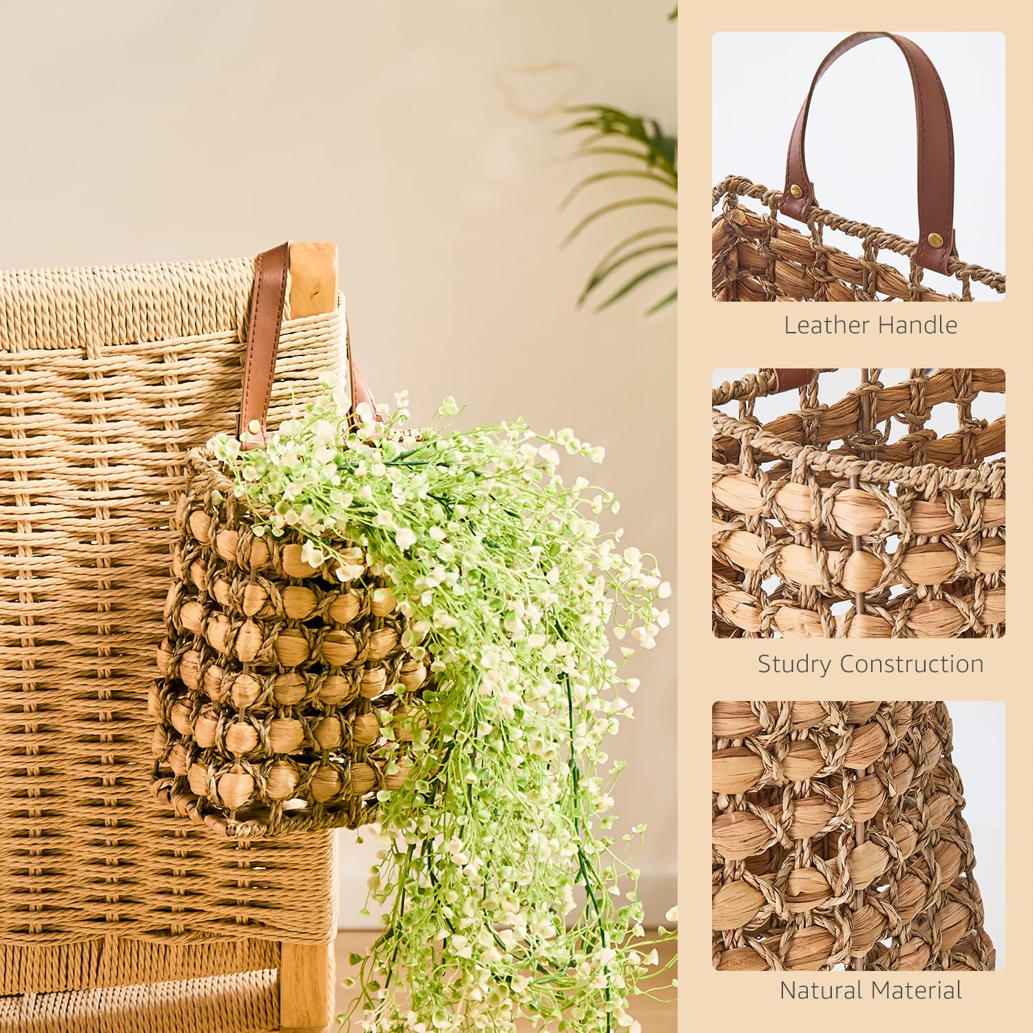 LGENHOOM natural water hyacinth material offers durable, lightweight decor.