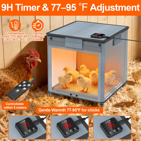 Lgtlqt chicken brooder box temperature settings showing adjustable range 77–95°F.