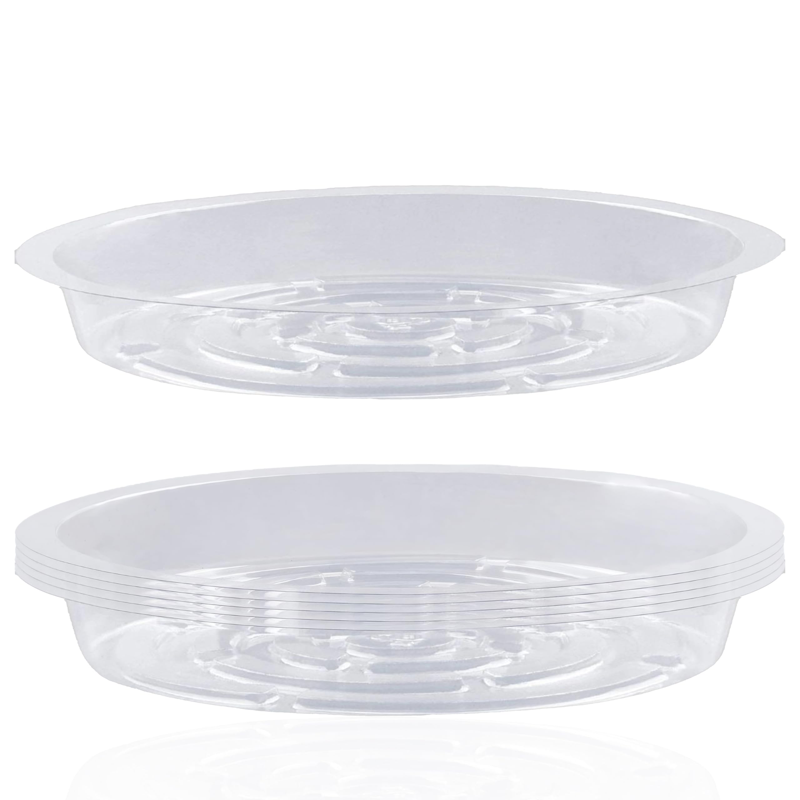 LHatrance 6-pack clear plant saucers showing a tidy pot setup for easy watering