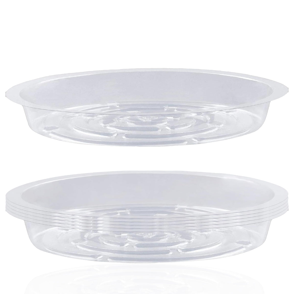 LHatrance 6-pack clear plant saucers showing a tidy pot setup for easy watering