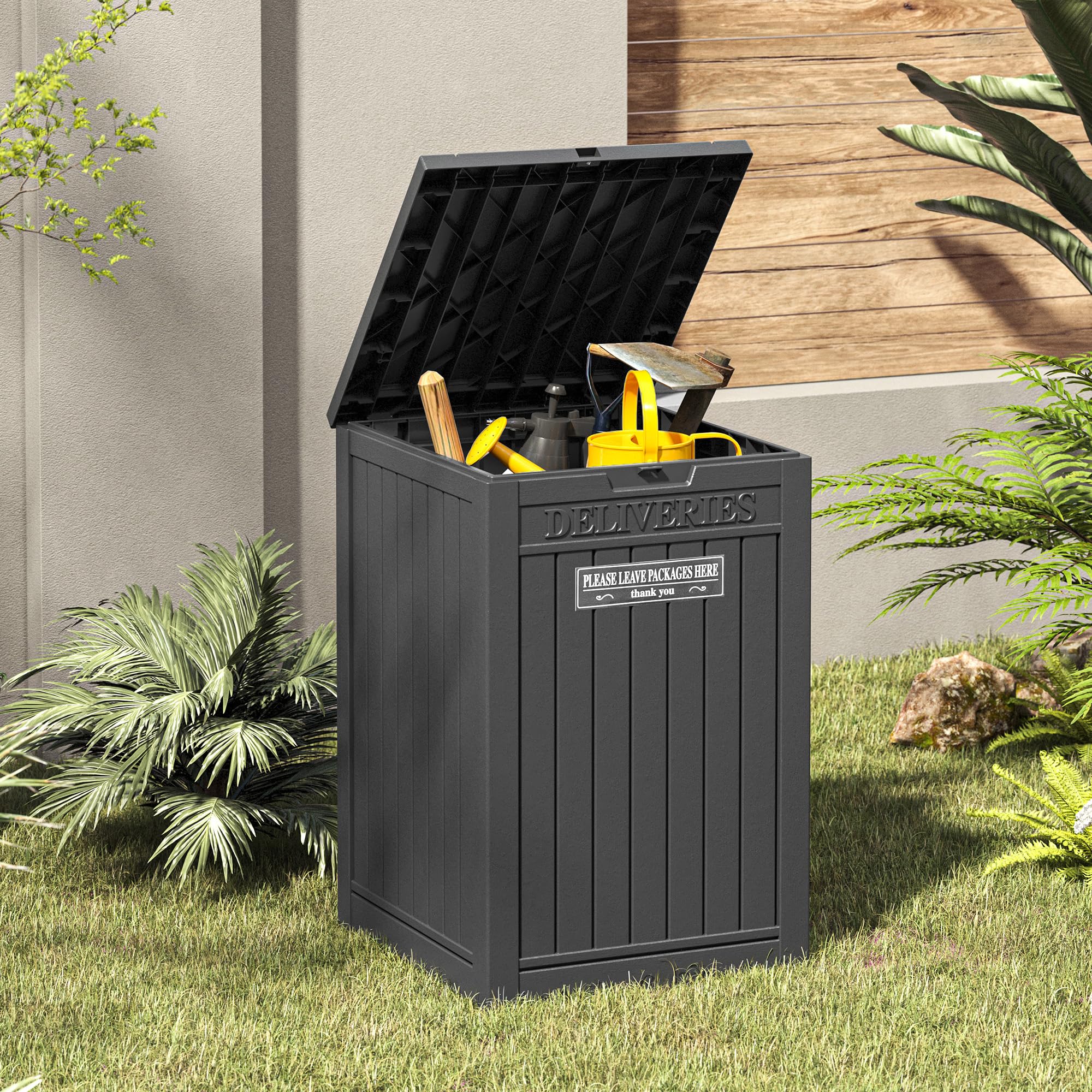 LHBGO deck box blends with outdoor décor while offering storage.
